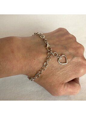 Silver Tone 925 Dainty Cable Chain Open Heart Charm Bracelet 8"